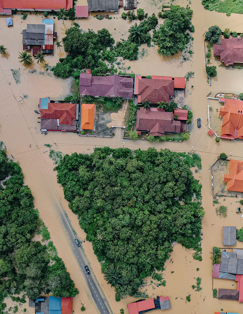 Residential area flooding viewed from a drone.